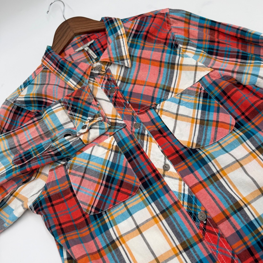 BKE Eased Womens Plaid Button Down Shirt Red Blue Orange Cotton size L